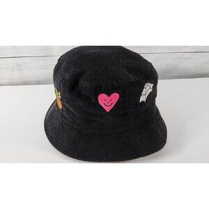 ALAB A.LAB ZUMIEZ BLACK CORDUROY LIGHTWEIGHT BUCKET HAT HEART SMILING PLANT